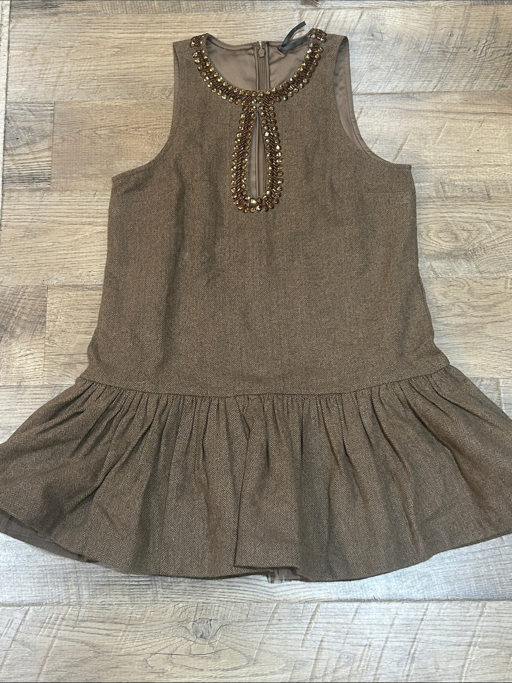 Anthropologie Brown Beaded Neckline Sleeveless Drop-Waist Dress